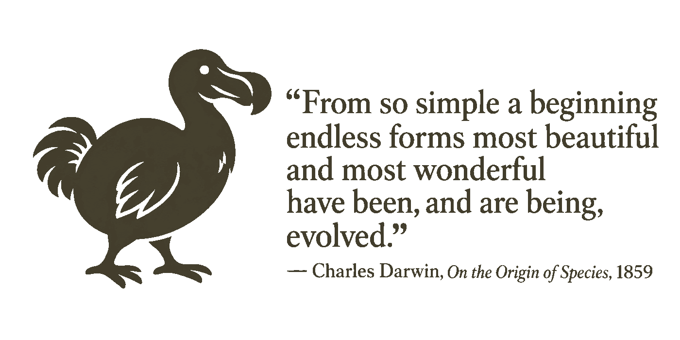 Golden dodo illustration with Charles Darwin quote